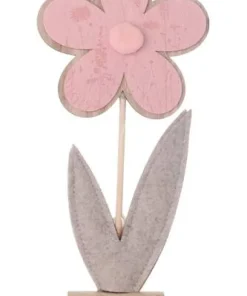 Décoration fleur en bois avec motif sur pied rose 32,5cm