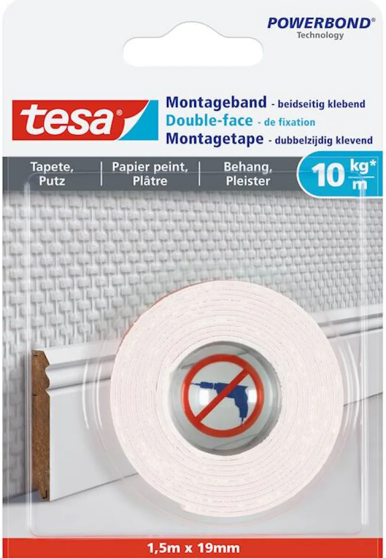 Double-face de fixation 1,5 m x 19 mm papier peint et plâtre