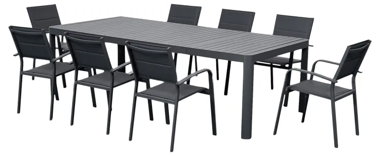 Ensemble table de jardin Capri avec table réglable - 8 chaises de jardin - Aluminium - Noir