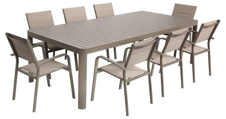 Ensemble table de jardin Capri avec table réglable - 8 chaises de jardin - Aluminium - Beige